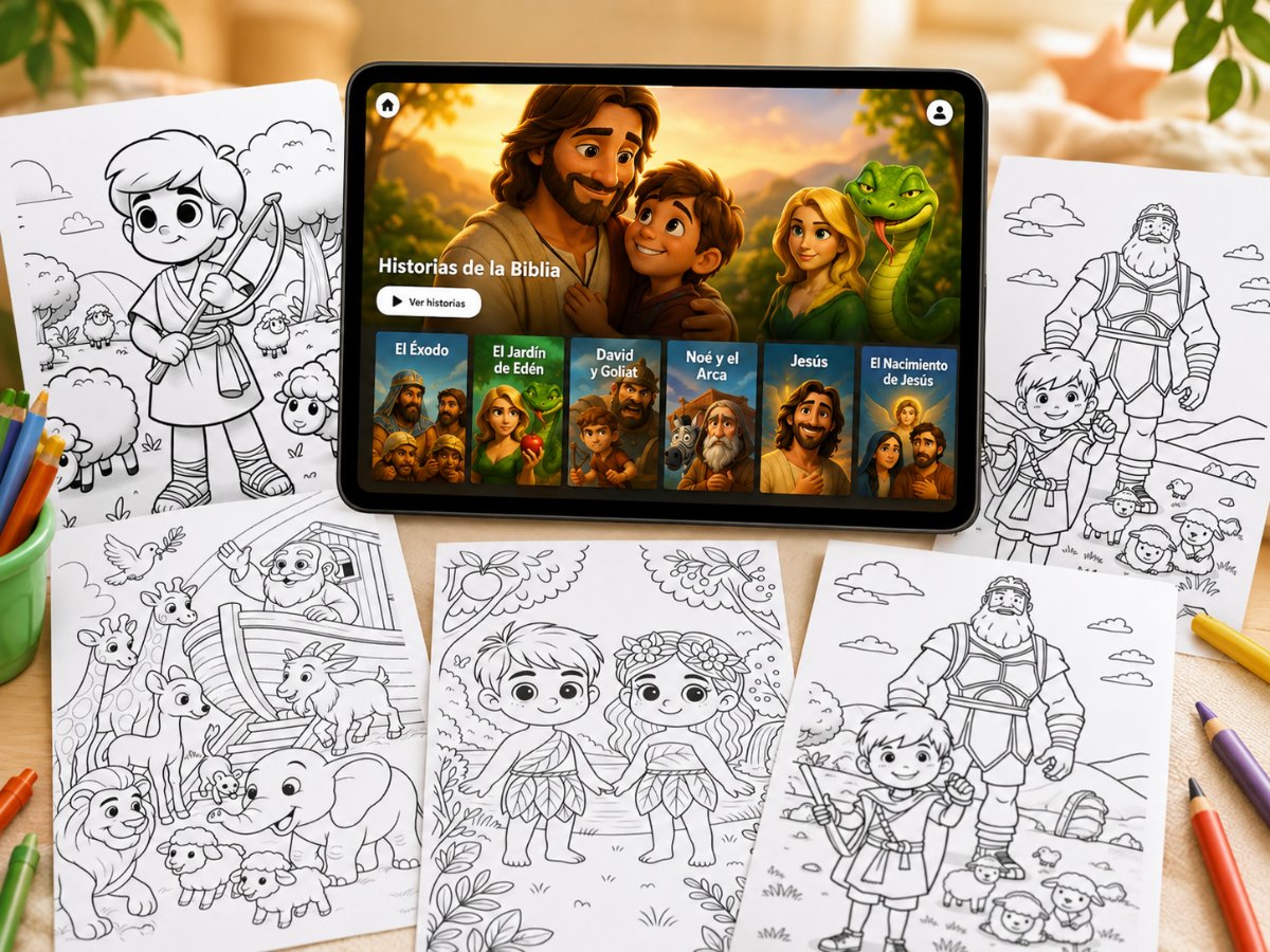 Tableta con historias bíblicas animadas y actividades imprimibles para niños