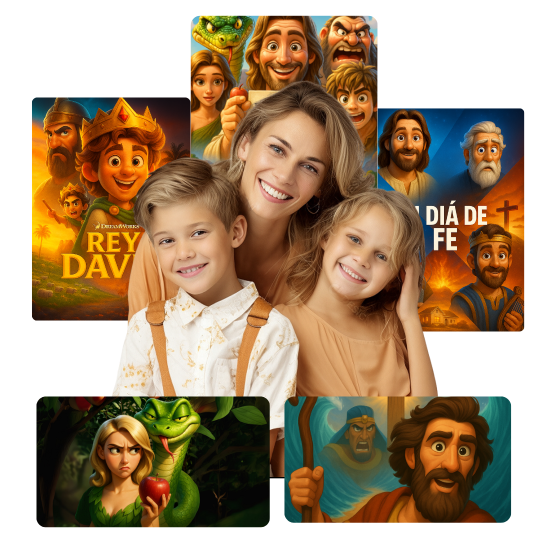 Familia sonriendo junto a portadas de historias bíblicas animadas